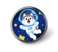 1 Inch Round Brooch Pin - Alloy Metal, Elegant Lapel Pin for Men & Women, Cute Husky Astronauts on Space Badge for Hats Jackets Shirts, Versatile Fashion Accessory