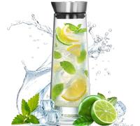 1 L Water Carafe with Stainless Steel Lid, Dishwasher Safe Clear Iced Tea Pitcher, Heat Resistant Borosilicate Jug for Fridge Door, Glass Bottle for Milk, Juice, Beverage, Wine, Lemonade