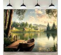 1 Landscape Lake Background - a tranquil and natural scene with wooden piers and small boats made of polyester 250x180CM