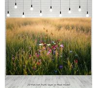 1 large 2D flat landscape background fabric - bright wildflower grassland and butterfly golden sunlight design polyester 300x200CM