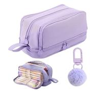 1 Large Capacity Stationery Bag And 1 Plush Ball Hanger, Purple Pencil Case, Layered Storage Bag, Student Pencil Case, Cute Pencil Case.