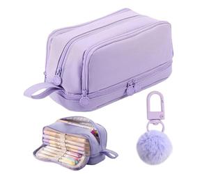 1 Large Capacity Stationery Bag And 1 Plush Ball Hanger, Purple Pencil Case, Layered Storage Bag, Student Pencil Case, Cute Pencil Case.