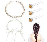 1 Leaf Headband 1 Pearl Tiara 3 U Clips Wedding Hair Accessories Bohemian Headband Vintage Tiara for Bridal Wedding Masquerade Ball (Gold)