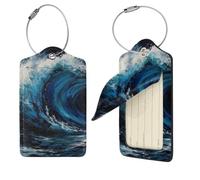 1 Leather Luggage Tags for Suitcases Tags TSA Approved, Blue Wave Painting Travel Bag Tags with Privacy Cover Name Card ID Label with Steel Loop for Women Men