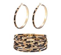 1 Leopard Print Bracelet and 1 Pair of Leopard Print Earrings, Multi-Layered Bracelets, Leather Bracelets, Vintage Jewelry, Clothing Accessories