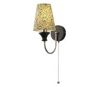 1-Light Vintage Wall Sconce Wood Wall Light Broken Flowers Fabric Lampshade with Pull Chain Switch, E14 Base Indoor Decorate Wall Mounted Lamp for Bedroom Bedside Living Room Stairwell