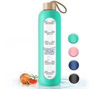 1 Liter Glass Water Bottle with Bamboo Lid - 1000ml Sports Drinking Bottle with Time Marker, Reusable Shatterproof Silicone Case Bottle for Fitness Gym Outdoor Travel Workout