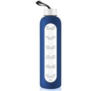 1 Liter Glass Water Bottle with Stainless Steel Lid - 1000ml Sports Drinking Bottle with Time Marker, Reusable Shatterproof Silicone Case Bottle for Fitness Gym Outdoor Travel Workout (Dark Blue)