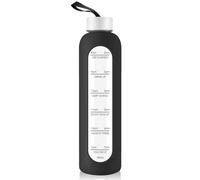 1 Liter Glass Water Bottle with Stainless Steel Lid - 1000ml Sports Drinking Bottle with Time Marker, Reusable Shatterproof Silicone Case Bottle for Fitness Gym Outdoor Travel Workout (Black)