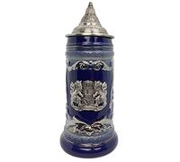 1 Liter | OktoberfestHaus Beer Stein Mug German Bayern Lion Coat Of Arms Bier Krug with Metal Emblem On Cobalt Blue Ceramic Tankard Stein With Lid Oktoberfest Beer Mug