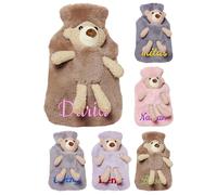 1 Liter Personalised Fluffy Cute Bear Hot Water Bottle with Embroidered Name, Custom Hot Water Bottle, Pain Relief for Back Neck, Gift for Christmas (Brown)
