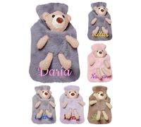 1 Liter Personalised Fluffy Cute Bear Hot Water Bottle with Embroidered Name, Custom Hot Water Bottle, Pain Relief for Back Neck, Gift for Christmas (Dark Gray)