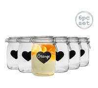 1 Litre Heart Glass Storage Jars with Labels Pack of 6 - Clear