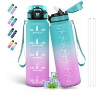 1 Litre Water Bottle, Leak Free Straw Water Bottle, Motivational Water Bottle with Time Scale, Easy Clean Drinking Bottle, Water Bottles for Running, Hiking, Yoga, Green Pink