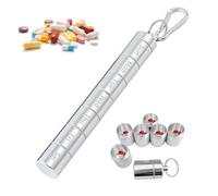 1 Metal Pill Box with 1 Carabiner, Waterproof Round Pill Box, Aluminum Alloy Engraved Pill Box, 7-Compartment Pill Box, Suitable for Traveling (Silver)