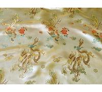 1 Meter | Gold Satin Chinese Brocade Dragon Print **Free UK Post* Embroidered Multicoloured Dragon Golden Fabric Beige Shiny Chinese Oriental Print Material Fabric Jackets Fancy Dress