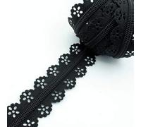 1 Metre Black Scalloped Edged Floral Lace Zippers Per Metre 2cm Wide with Nylon Teeth Decorative Zips On Roll with Antique Brass Effect Zip Pullers Runners