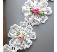 1 Metre Cotton Crochet Flower Pearl Bead Colourful Buds Lace Trim Ribbon Edging 55 mm Width Vintage Style White Trimming Fabric Embroidered Applique for Sewing Craft Wedding Bridal Dress Party Hat DIY