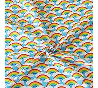 1 Metre - P/C Turquoise Rainbows Korean Soft Touch Polycotton Bright Rainbows & Clouds in The Sky Pride Dressmaking Patchwork Fabric Material 112cm / 44” Width