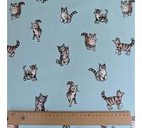 1 Metre | Pale Blue 100% Linen Fabric Shabby Animals Cats Digital Print Design for Upholstery, Curtains, Craft Quilting, Patchwork, Cushion, Dress Making and Bags 54”/138cm Wide
