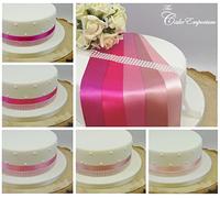 1 METRE SATIN RIBBON 35mm & 4 ROW PEARL TRIM CAKE DECORATION WEDDING CAKE TOPPER TRIM SHADES OF PINK (Fuchsia Pink)