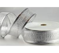 1 metre Trim of Shiny Silver Lurex Wire Edge Christmas Ribbon with Silver Border 40mm Wide