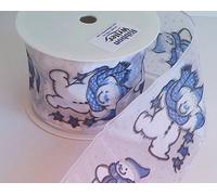 1 metre Trim of Wire Edge White with Blue/Silver Snowmen Organza Christmas Ribbon 65mm Wide