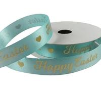 1 Metre x 15mm Happy Easter Heart Satin Ribbon - with a Beautiful Gold/Silver Happy Easter Design - for Gift Wrapping, Decoration, Party Etc - Available in Aqua, Blue & Pink (Aqua)
