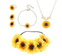 1 Necklace, 1 Pair Of Earrings, 1 Bracelet, 1 Ring And 1 Headband, Sunflower Jewelry, Creative Design Jewelry, Women'S Jewelry.