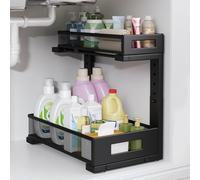 1 Pack-11.4"-16.14"H Under Sink Storage Organizer, Large 2-Tier Elegant Mesh Pull Out Shelf for Kitchen and Bathroom Cabinet Organization, L-Shaped and Adjustable Height Design for Maximum Space-Black