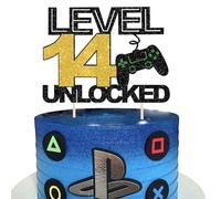 1 Pack 14 Video Game Cake Topper Glitter Gaming Level Unlocked Happy 14th Birthday Cake Pick Game On Controllers Cake Decoration for Boys Girls 14th Birthday Anniversary Party Decoration Supplies