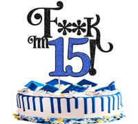 1 Pack 15th Birthday Cake Topper Glitter Cherrs to 15 Cake Pick Funny 15 Cake Decorations for 15th Birthday Party Supplies Black Blue