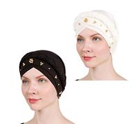 1 Pack / 2 Packs Women Turban Twisted Beaded Braid Chemical Cancer Headscarf Cap Hair Covered Wrap Hat, 2pcs-black+white, One Size
