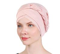 1 Pack / 2 Packs Women Turban Twisted Beaded Braid Chemical Cancer Headscarf Cap Hair Covered Wrap Hat, Light Pink, One Size