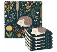 1 Pack 25x25cm Hedgehog Botanical Waffle Hand Towel, Square Washcloth | 1 Pack 25x25cm waffle hand towel with hedgehog botanical print; compact for kitchen, bathroom, guests, travel, or daily use.