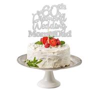 1 Pack 60th Wedding Anniversary Cake Toppers, Silver Glitter 60th Diamond Wedding Cake Topper, Heart Cake Anniversary Decorations for 60th Wedding Celebration Party Supplies (60)