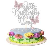 1 Pack Baby Shower Cake Topper Silver Glitter A Little Butterfly Is On Her Way Cake Pick Gender Reveal Theme Cake Decorations for Newborns Welcome Baby Shower Birthday Party Cake Decorations