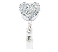 1 Pack Badge Reel Retractable ID Badge Holder with Belt Clip Glittery Heart Yo Yo Badge Reel Door Pass Holder Key Chain for Girls Nurse Teacher Student -Silver