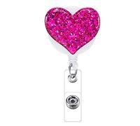 1 Pack Badge Reel Retractable ID Badge Holder with Belt Clip Glittery Heart Yo Yo Badge Reel Door Pass Holder Key Chain for Girls Nurse Teacher Student -Rose Red