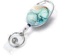 1 Pack Badge Reels Retractable Double Sided Color Print Pattern Holders with Retractable Keychain and Clip, Durable Nylon Rope, Green Marble 2