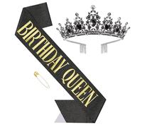 1 Pack Birthday Sash and Crown Set,Birthday Girl Crown,Princess Birth Day Headband (black, standard)