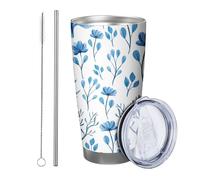 1 Pack Blue Floral Tumbler, Tree, Beautiful Flower, Leaves, Botanical Plant, Artistic, Blue White, Powder Coated, Hot and Cold, No Spill, Shatterproof, Travel