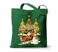 1-Pack Christmas Canvas Tote Bag with Zipper & Inner Pocket - Reusable Merry Christmas Shopping Bag - Green Holiday Tote for Groceries, Treats & Party Favors (Santa Sleigh, Christmas Tree Design)