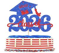 1 Pack Class of 2026 Cake Topper Glitter Congrats Grad Cap 2026 Graduation Cake Pick Decoration for 2026 Graduation Theme High School Graduate Party Cake Decorations Supplies Blue Red