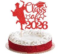 1 Pack Class of 2026 Cake Topper Glitter Congrats Grad Cap Graduation Boy Cake Picks 2026 Graduation Cake Decorations for Class of 2026 Theme High School Boy Graduate Party Supplies Red