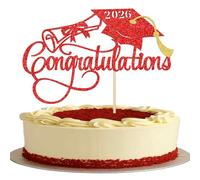 1 Pack Congratulations 2026 Graduation Cake Toppers Glitter Congrats Grad Cake Picks Class of 2026 Graduation Diploma Cake Decorations for 2026 School Graduate Theme Party Supplies Red Gold
