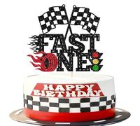 1 Pack Fast One Birthday Cake Topper Glitter Traffic Light Flag Checkered Flag Racing Car Cake Pick for Let's Go Racing Theme Boys Girls Kids 1st Birthday Party Cake Decorations Supplies