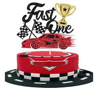 1 Pack Fast One Cake Topper Black Glitter Race Car 1st Birthday Cake Topper Traffic Light Wheel Checkered Flag Cake Decoration for Race Car Theme Boys First Birthday Party Cake Decorations Supplies
