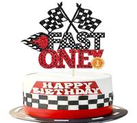 1 Pack Fast One Cake Topper Black Glitter Race Car 1st Birthday Cake Topper Traffic Light Wheel Checkered Flag Cake Decoration for Race Car Theme Boys First Birthday Party Cake Decorations Supplies