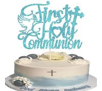 1 Pack First Holy Communion Cake Topper Glitter Peace Pigeon Cross Religious Cake Picks God Bless for Baptism Theme Baby Shower 1st Birthday Party Cupcake Decoration Blue